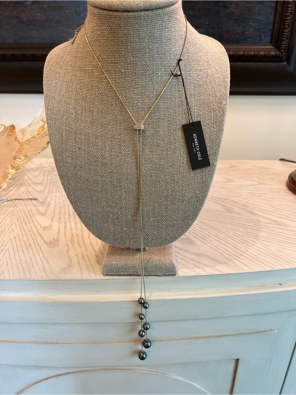 Kenneth Cole New York Gold Lariat Necklace with Dark Pearl Drops